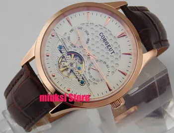 

44mm Corgeut Day&Date White Dial watch brown leather 316L Rose Gold PVD Case Automatic Men's Watch