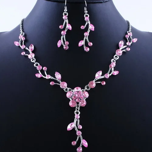 JAVRICK, женские свадебные ювелирные изделия, кристалл, стразы, ожерелье, серьги, набор для вечеринки - Окраска металла: hot pink