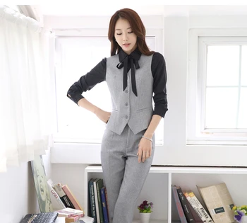 

IZICFLY Spring Summer Style Gray Waistcoat And Pants Set For Woman Suits Lady Suit Office Vest Elegant Slim business Formal Wear