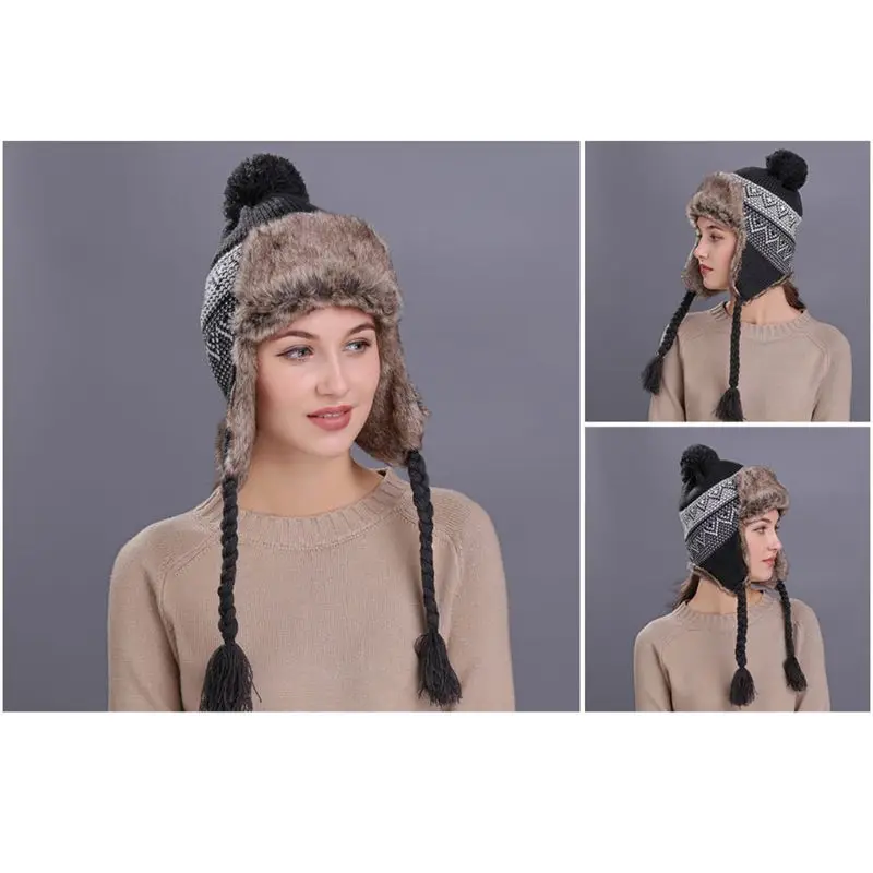 11 Styles Women Winter Thicken Lining Earflap Hat Knitted Contrast Color Snow Ski Beanie Cap Pompom Ball Long Tassels Ear Warmer