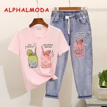 ALPHALMODA летние трендовые хлопковые футболки с принтом бутылок для питья, рваные джинсы-карандаш, женская модная одежда