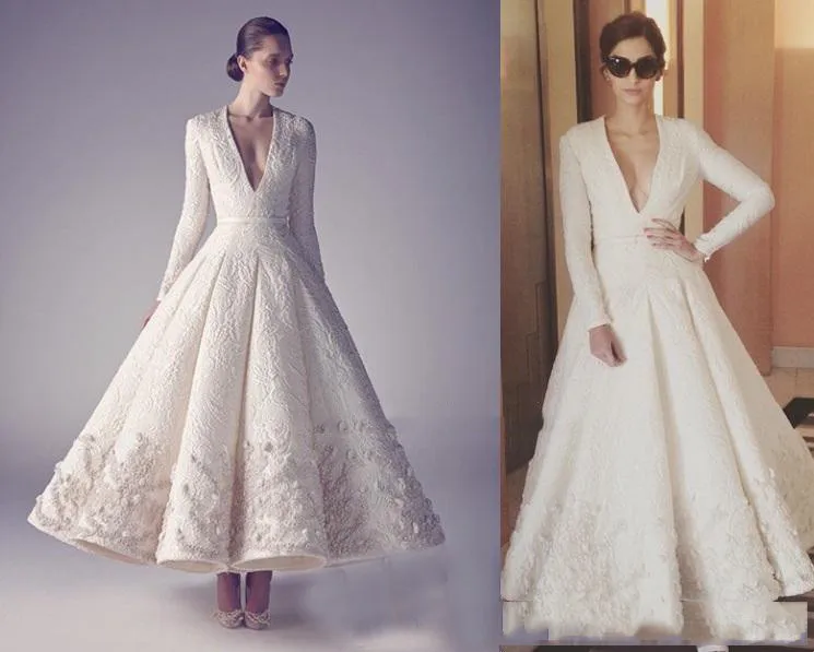 1950s Prom Dresses Pure White Ashi Studio 2015 Long Sleeve Deep V Neck Satin Beading Appliqued Personalized Partyowns Free Shipping