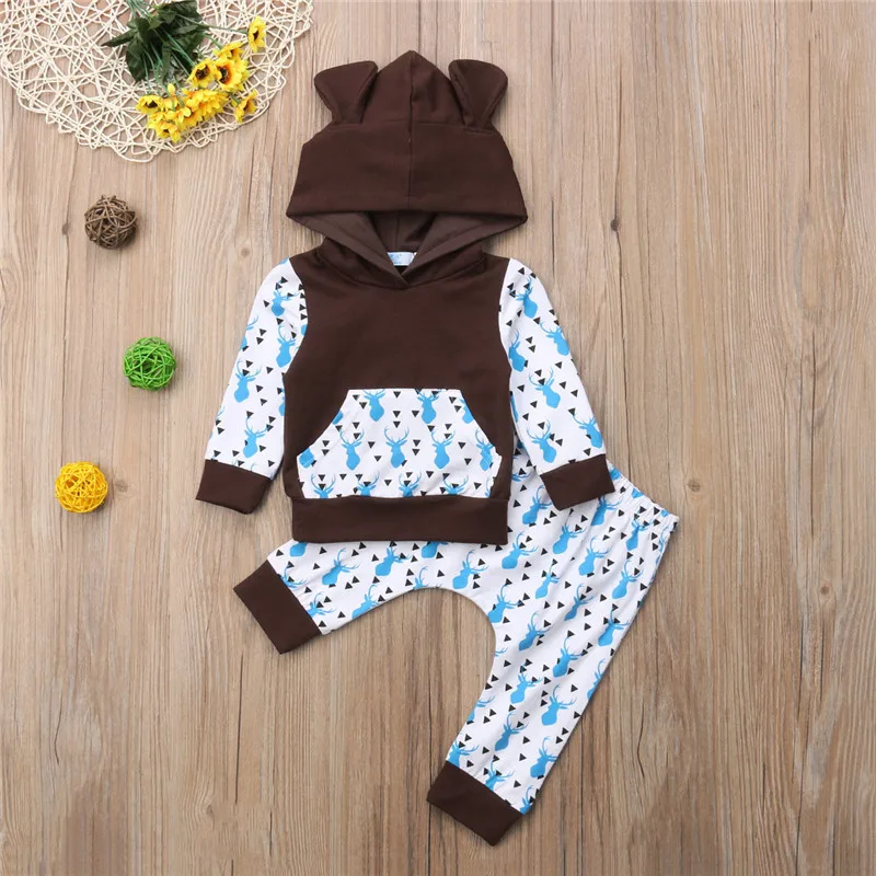 Модная Милая Одежда для новорожденных мальчиков и девочек толстовка с капюшоном штаны с принтом комплект из 2 предметов хлопковый спортивный костюм для малышей