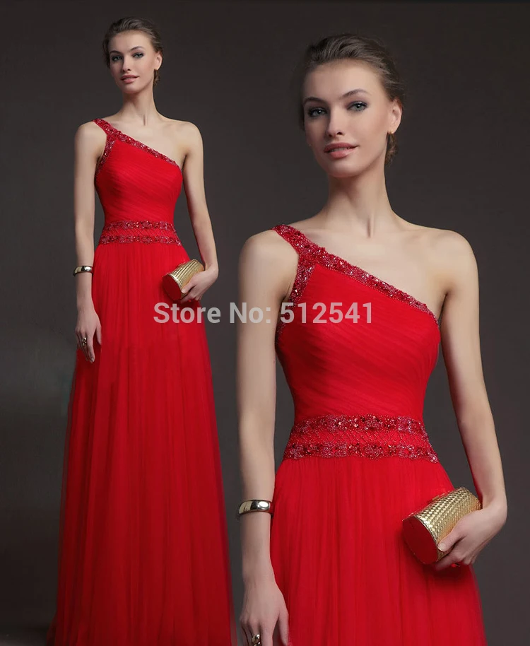 

Charming One shoulder A Line Red Evening Dresses Cheap Pleats Beads Ruched Floor Length 2014 Women Gown yk1A161