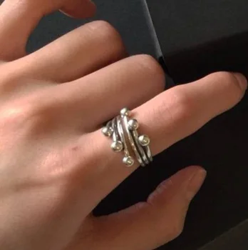 

Vintage Retro Authentic S925 Sterling Silver Fine Jewelry GMulti-Layers &Polished Beads Lucky Ring adjustable Women's Punk J257
