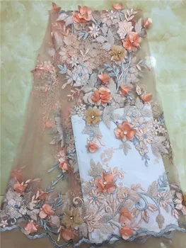 

2019 New style French net lace fabric 3D flower African tulle mesh lace fabric high quality african lace fabric yellow