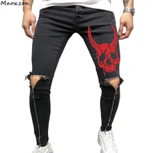 Maoxzon мужские потертые обтягивающие джинсы с принтом для мужчин, новинка, с дырками, на молнии, повседневная спортивная одежда, тонкие длинные джинсовые брюки-карандаш