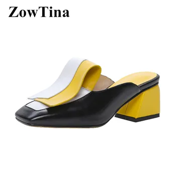 

Vintage Square Toe Women Mules Shoes Fashion Outside 6cm Chunky High Heels Black White Mixed Yellow Sandalias Femmes Chaussure