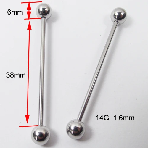 2 шт. 1,6x38x6 мм 14 г Модные Длинные Промышленные прямые штанги из нержавеющей стали, шип, шарики, пирсинг, ювелирные изделия для тела - Окраска металла: Silver Ball