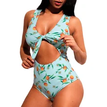 PLUSLAND танкини летний сексуальный женский лимонный принт Узор Галстук Спереди вырезанный Цельный купальник низкий воротник Высокая талия купальные костюмы