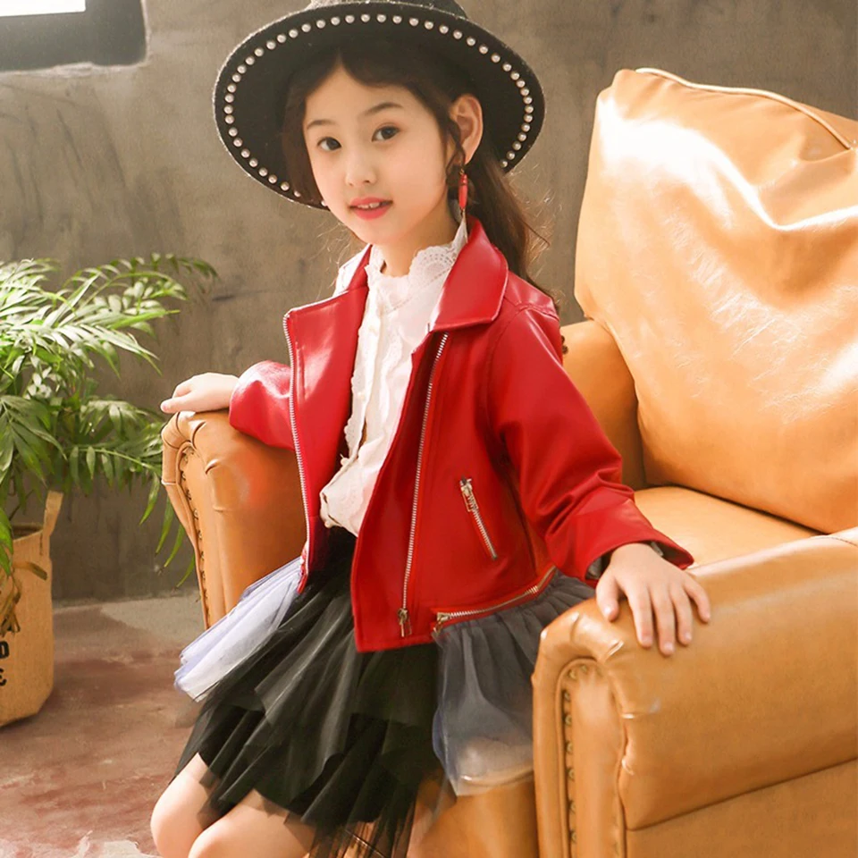 Autumn Kids Child Baby Girl RED/Black Color Pu Jackets Tops With Dress