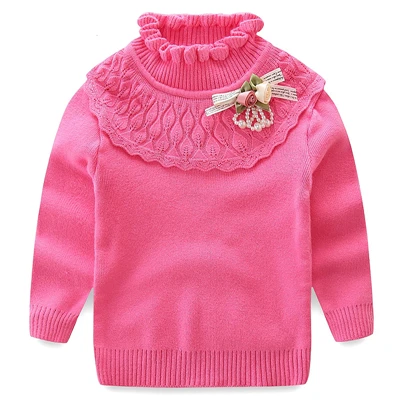 Mudkingdom/свитера для маленьких девочек; зимние блузы-водолазки с цветочным принтом; Теплые Топы; одежда для детей - Цвет: Rose Red