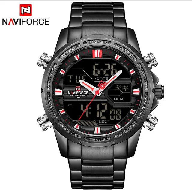 NAVIFORCE Топ люксовый бренд Мужские Цифровые Аналоговые военные золотые стальные часы модные спортивные водонепроницаемые часы Relogio Masculino - Цвет: Black Red