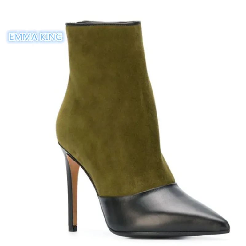

2019 Spring New Suede Leather Patchwork Ankle Boots Women Designer Pointed Toe Sexy Ladies High Heel Shoes Stilettos Short Boots