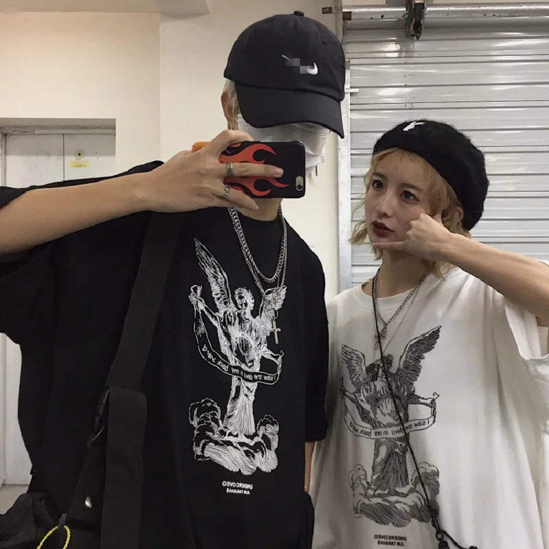 

Summer Korea ulzzang female tos Harajuku street hip hop Vintage Angel print bf couple loose large size short sleeve men T-shirt