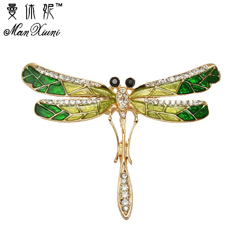 

High Quality Crystal Dragonfly Brooches for Women Green Jewelry Scarf Lapel Pins Brooch Antique Silver Color Accessories