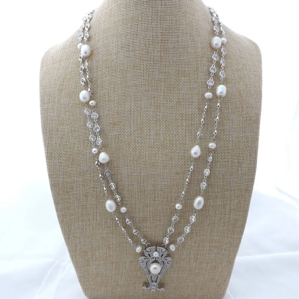

K122707 26" 2Strands White Pearl Chain Necklace CZ Pendant