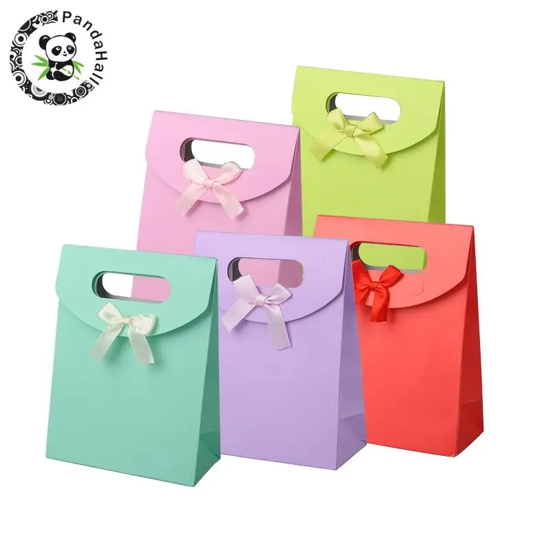 Paper Gift Bags with Ribbon Bowknot Design, Mixed Color, 16.3x12.3cmin
