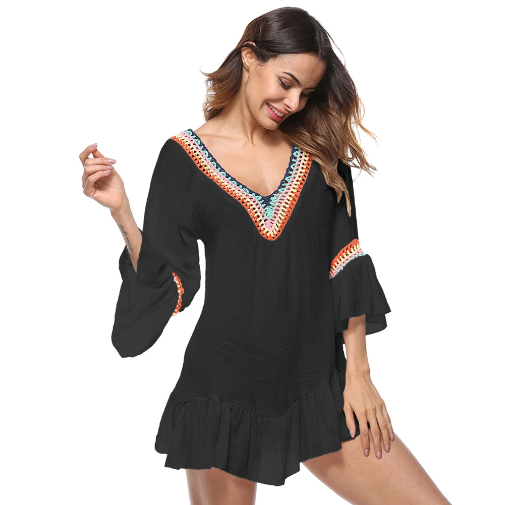 Women Boho Cover Ups Blouses Shirts Sheer Colorblock Crochet V Neck