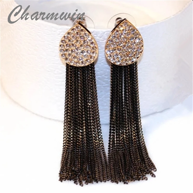 Charmwin Luxury Tassel Long Earrings Fashion Brand Gold Color Crystal Rhinestone Drop Earrings Accessories Jewelry Women 451K