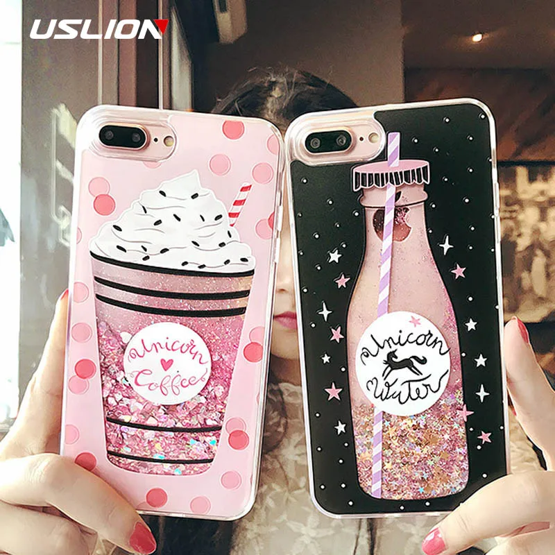 

USLION Glitter Bottle Quicksand Dynamic Phone Case For iPhone X XS Max XR Bling Flowing Love Heart Case For iPhone 8 7 6 6s Plus
