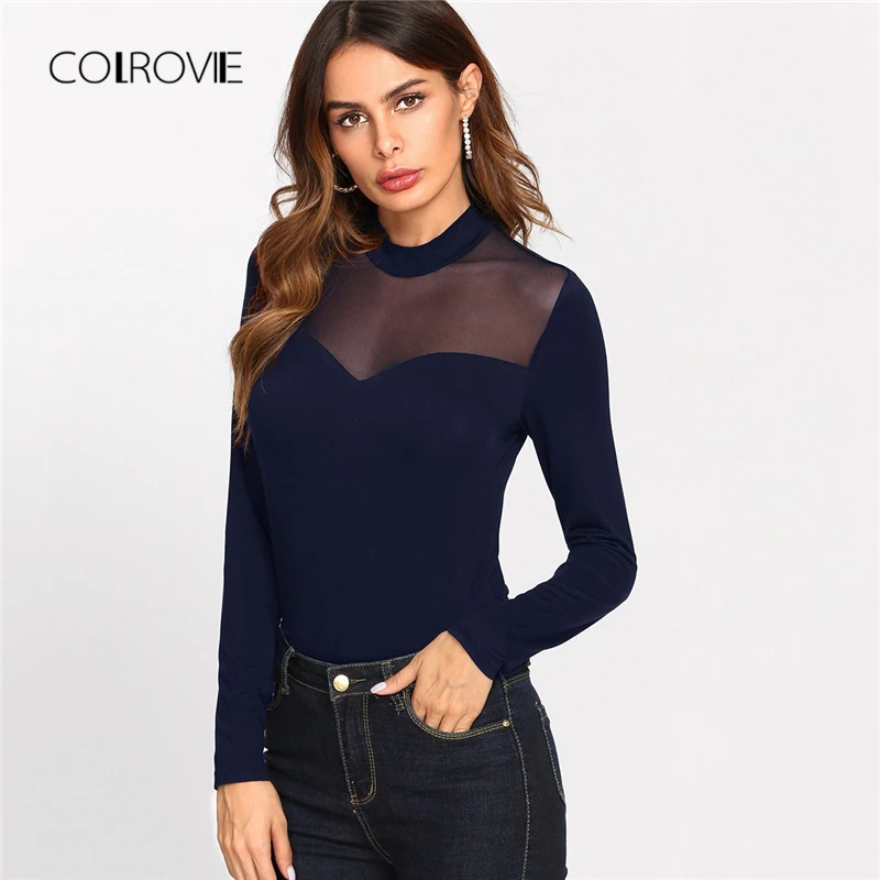 COLROVIE Navy Solid Mesh Sheer Elegant T Shirt Women Clothes 2018