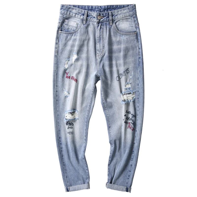 New Summer Jeans Embroidery Pants Jeans Fashion Casual Washed Ripped Distressed Holes Jeans Denim Trousers Ninth Pants