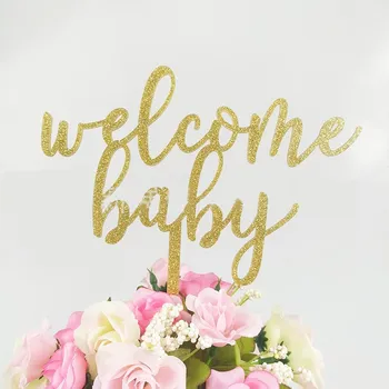 

Acrylic Glitter Gold Welcome Baby flower Birthday Cake Flags Happy Birthday Cake Toppers Newborn Baby Birthday Party Cake Decor