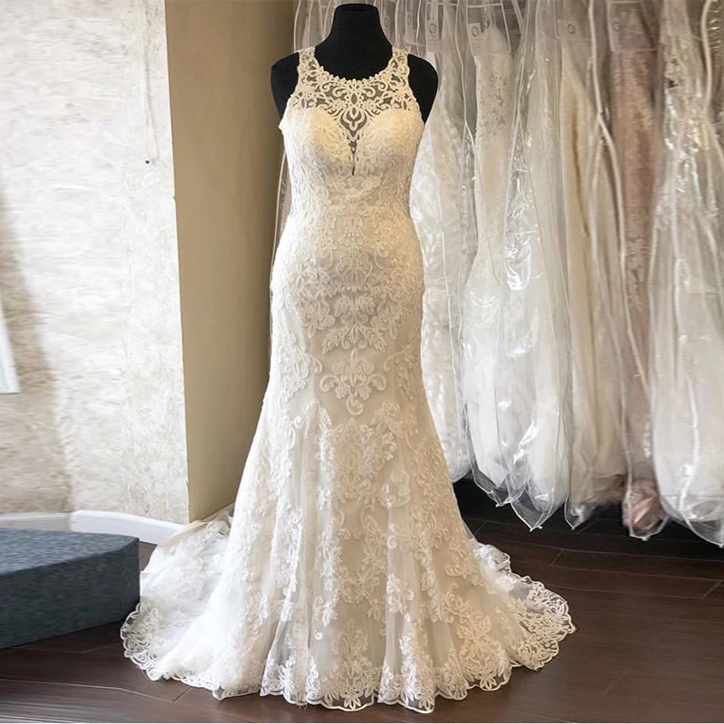 

Glamorous Mermaid Wedding Dress Jewel Neckline Sleeveless Chapel Train Vestido De Novia Vintage Lace Bridal Dresses Custom Made