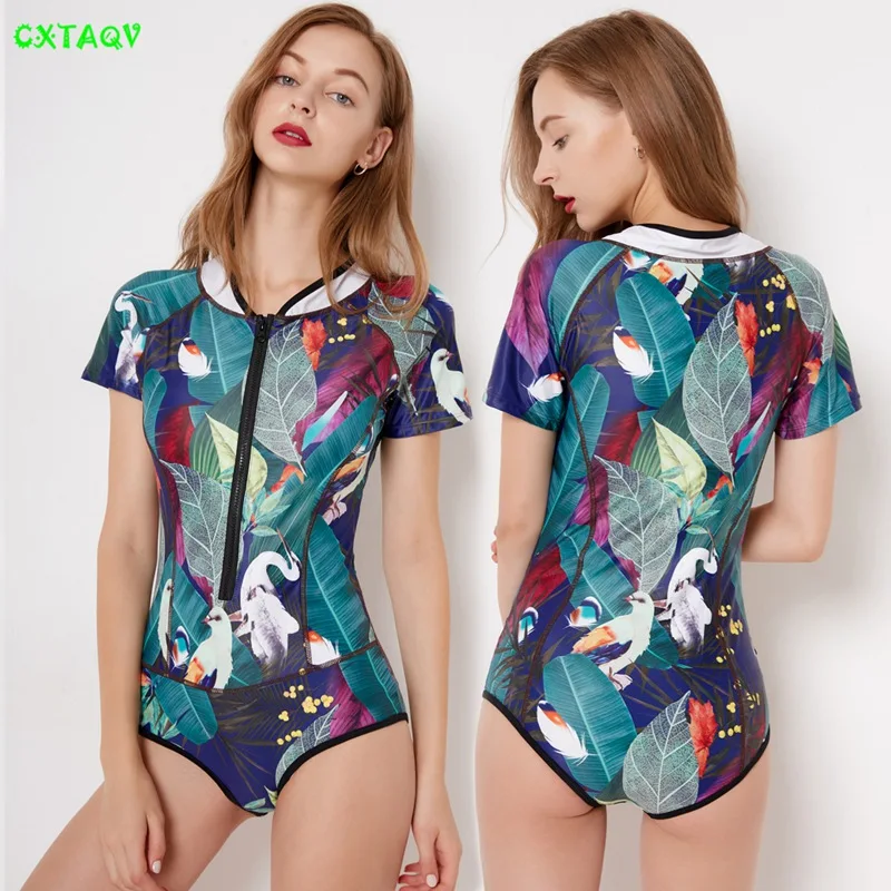 Donna печать Rashguard Цветочные цельные купальники с короткими рукавами на молнии спереди для серфинга дайвинга пляжный купальный костюм женские купальные костюмы