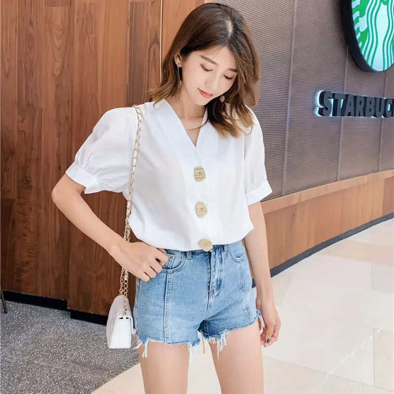 

HziriP Summer Chiffon Casual Stylish Woman V-Neck Sweet Tops Fresh Puff Short-Sleeved Brief Fashion All Match Shirt 2 Colors