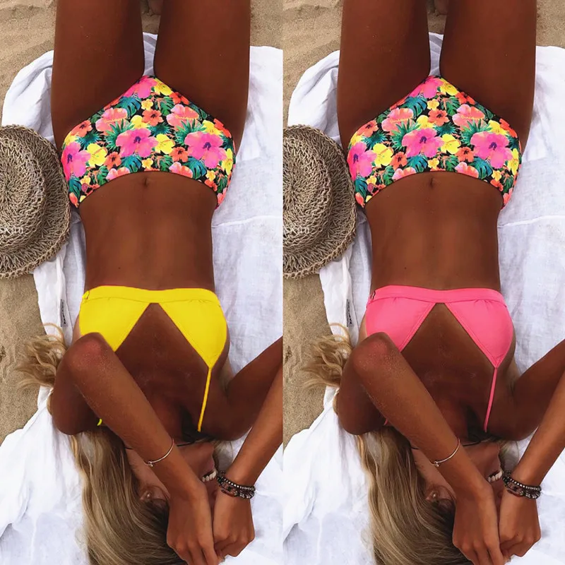 

Shoreline summer sexy Bikini Swimsuit Swimwear Women floral print pretty solid Bandeau Bikini Set Female Beachwear Swim Suit
