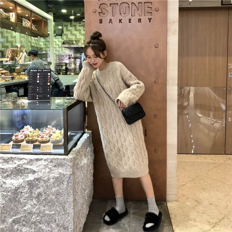 OLN Women's Sweater Skirt Loose Long Thick Twist Pullovers Over The Knee Sweater Skirt The Bottom Knitted Wool Dress Winter 1287