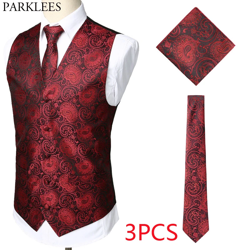 

Mens 3pcs Floral Jacquard Paisley Vest Set 2019 Brand Slim Fit Wedding Party Waistcoat for Suit or Tuxedo Necktie+Pocket+Square