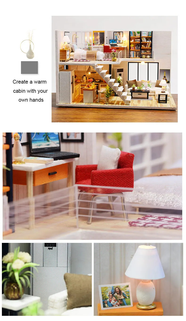 Casa em Miniatura com Móveis Blocos de Construção Brinquedos para Crianças Casa de Boneca Cutebee Faça Você Mesmo Música Poeira Capa Modelo J13 Led Mod. 261726 6 led música poeira capa modelo blocos de