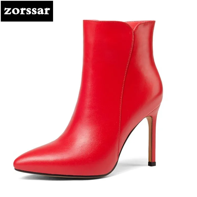 

{Zorssar} Sexy women boots thin heels ankle boots big size 2018 Real Leather Pointed toe riding boots autumn winter Female shoes