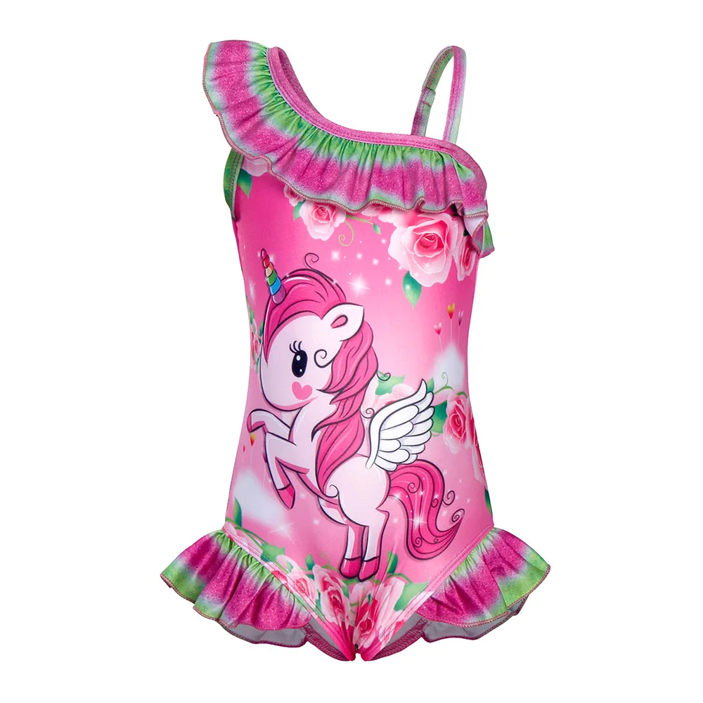 

AmzBarley Unicorn Rainbow Girl One-Piece Swimsuit One Shoulder Swimwear Ruffled Swimming Costume Bathing Suit Unicorn Swimwears