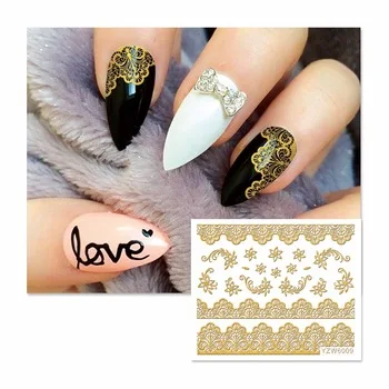 WUF 1 Sheet 3D Nail Stickers Beauty Hot Gold Lace Flowers Designs Decals Decoration 6009