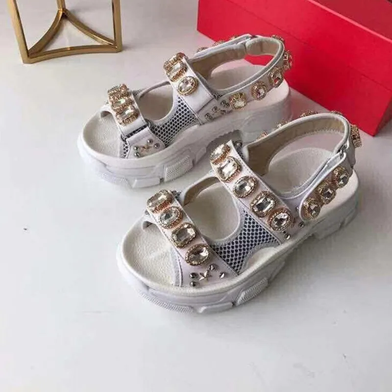 

2019 Fashion SummerSandals Chain Crystal Rhinestone Luxury Diamond High Quality Ladies Comfortable Mesh Sandals