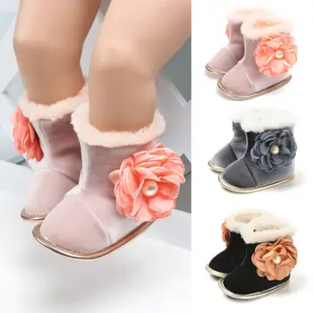 

0-18M Newborn Infant Kid Baby Girl Shoes Soft Sole Boots Bowknot Flower Winter Warm Fur Moccasin Slip-on Plush Baby Shoes
