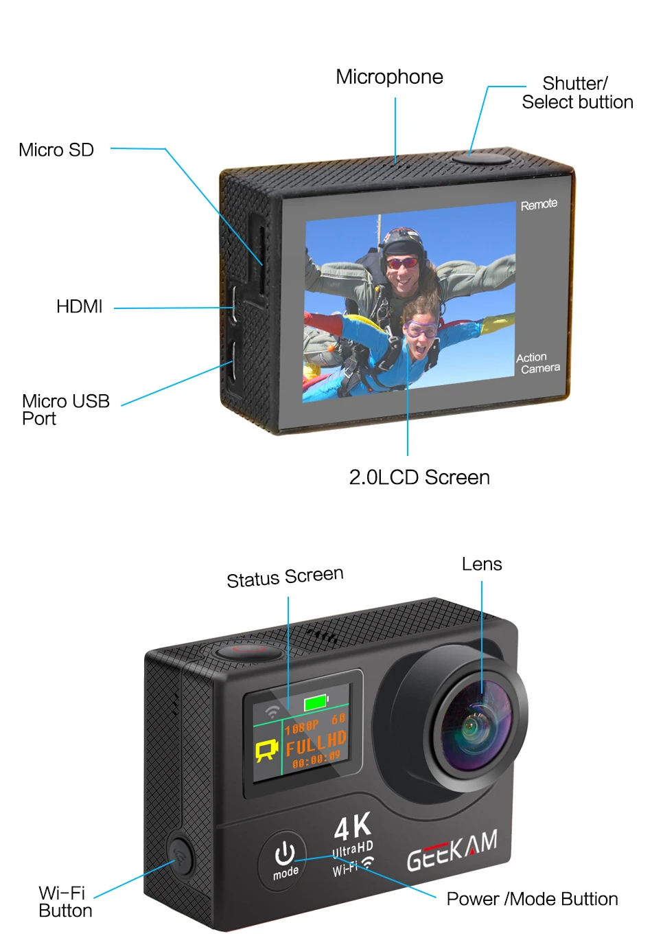 GEEKAM H3R/H3 Экшн-камера Ultra HD 4 K/30fps 20MP WiFi 2," 170D двойной экран Водонепроницаемая камера для записи видео на шлем Спортивная камера