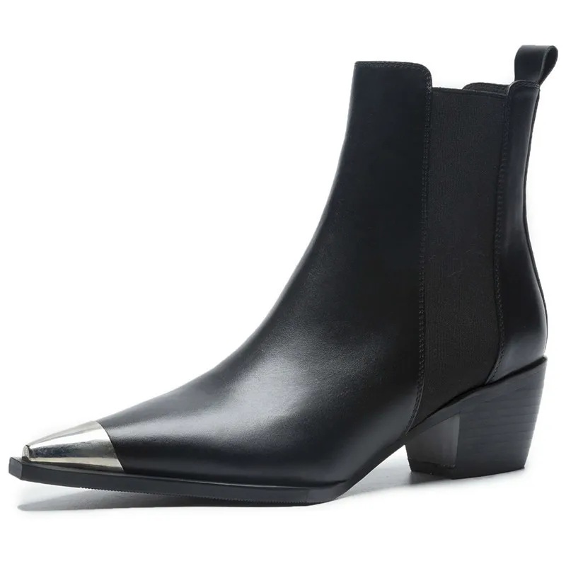 2019 Classic Western Cowboy Boots For Women Ankle Boots Cool Metal Pointy Toe Square Heel Shoes Woman Winter Basic Boots Black