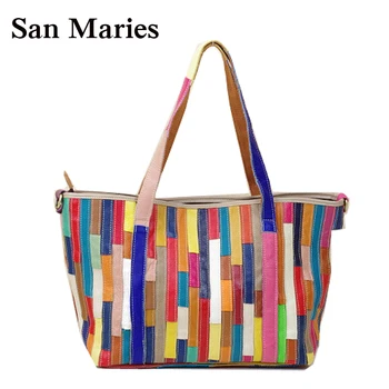 

San Maries Handbags Colorful Designers Genuine Leather Shoulder Bag Shopper Satchel Stripes Tote Messenger Bags Free Shipping