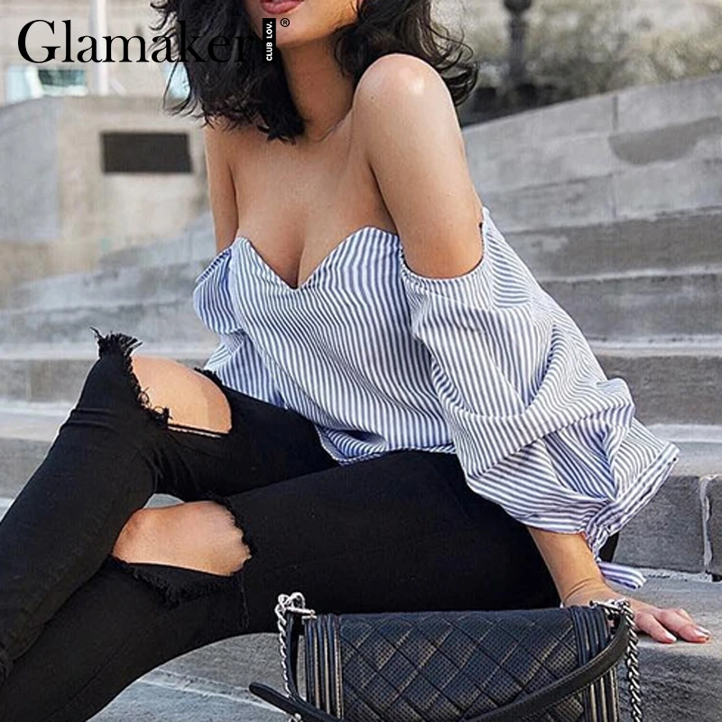 Женская блузка с открытыми плечами Glamaker элегантная облегающая пляжная в полоску