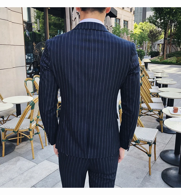 Свадьба полосатый костюм 2019 Весна Осень Slim Fit Свадебный Мужской 3 предмета бизнес вечерний для шафера (куртка + жилет брюки для девочек)