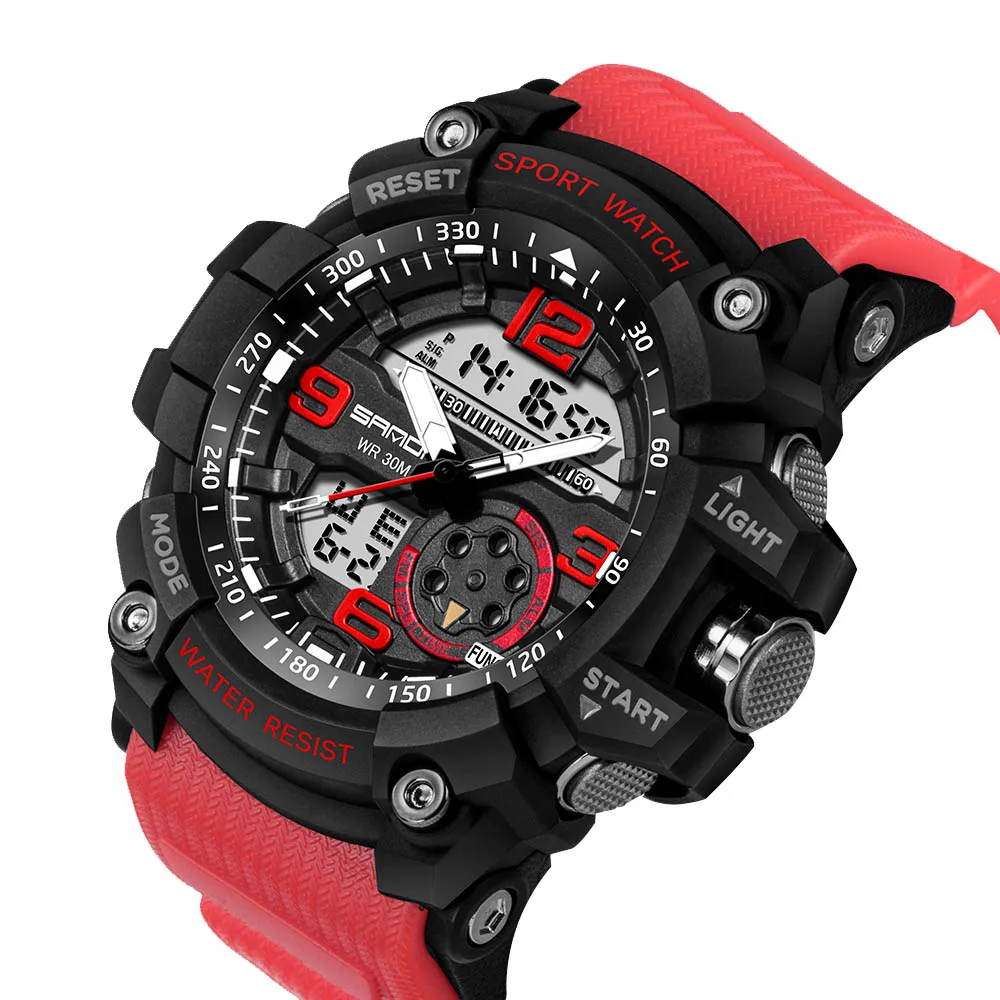 SANDA ударостойкие мужские часы водонепроницаемый светодиодный спортивный военный наручные часы Спортивные кварцевые наручные часы - Цвет: Красный