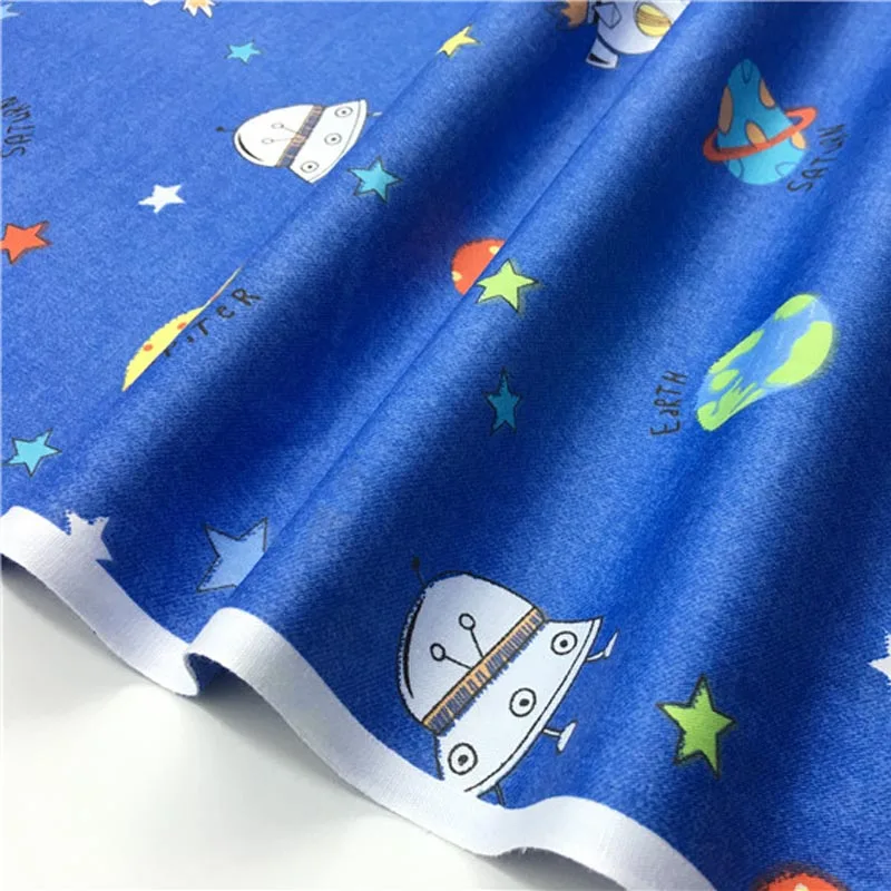100% хлопок twill Ткань мультфильм Синий космический корабль ракеты звезды ткань для