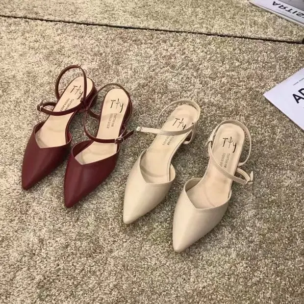 

Summer pointed head Baotou round no heel female half care sandals red wedding shoes fashion temperament womens shoes sandals