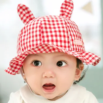 

New Summer Baby Boys Girls Toddler Eyes Plaid Print Bucket Hats With Ear Design Caps Reversible Sun Headwear
