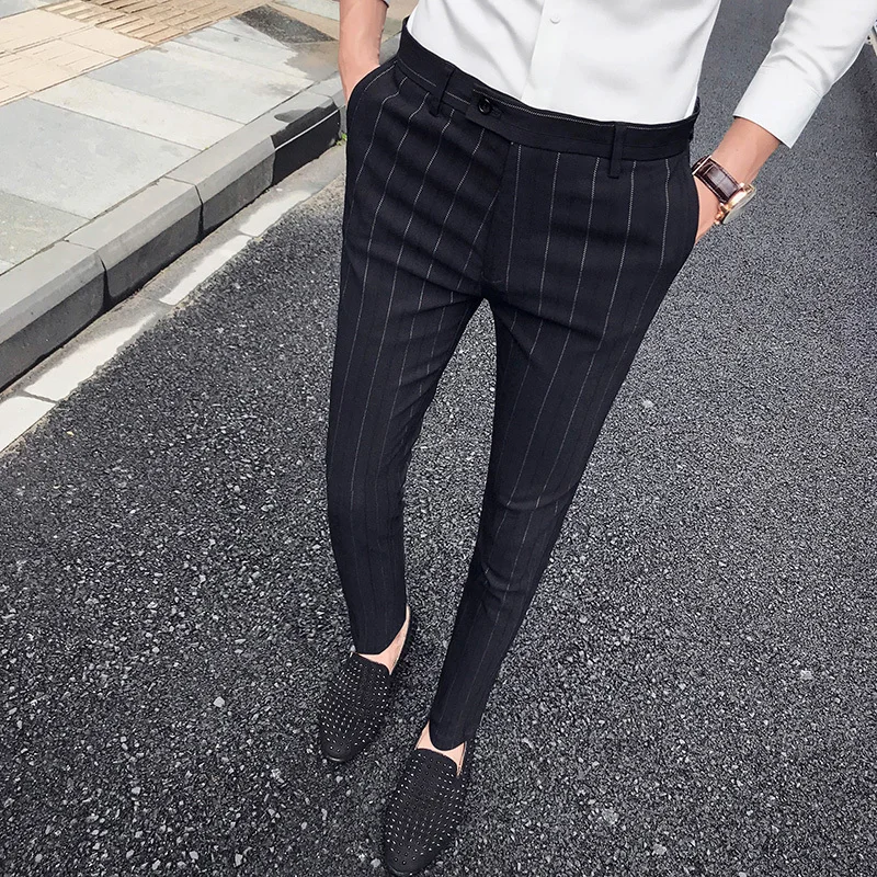  Men Stripe Formal Dress Pants Spring Autumn Suit Pants Cotton Mens Slim Casual Trousers for Busines